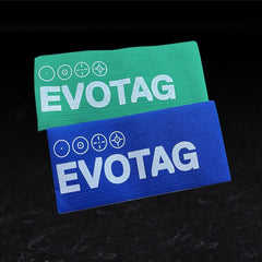 Holdarmbånd blå og grøn med EVOTAG logo