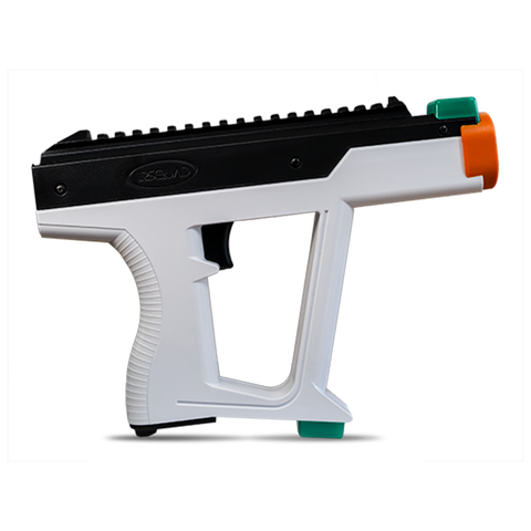 EVOtagger laserpistol produktbillede i hvid og sort med grønne sensorer